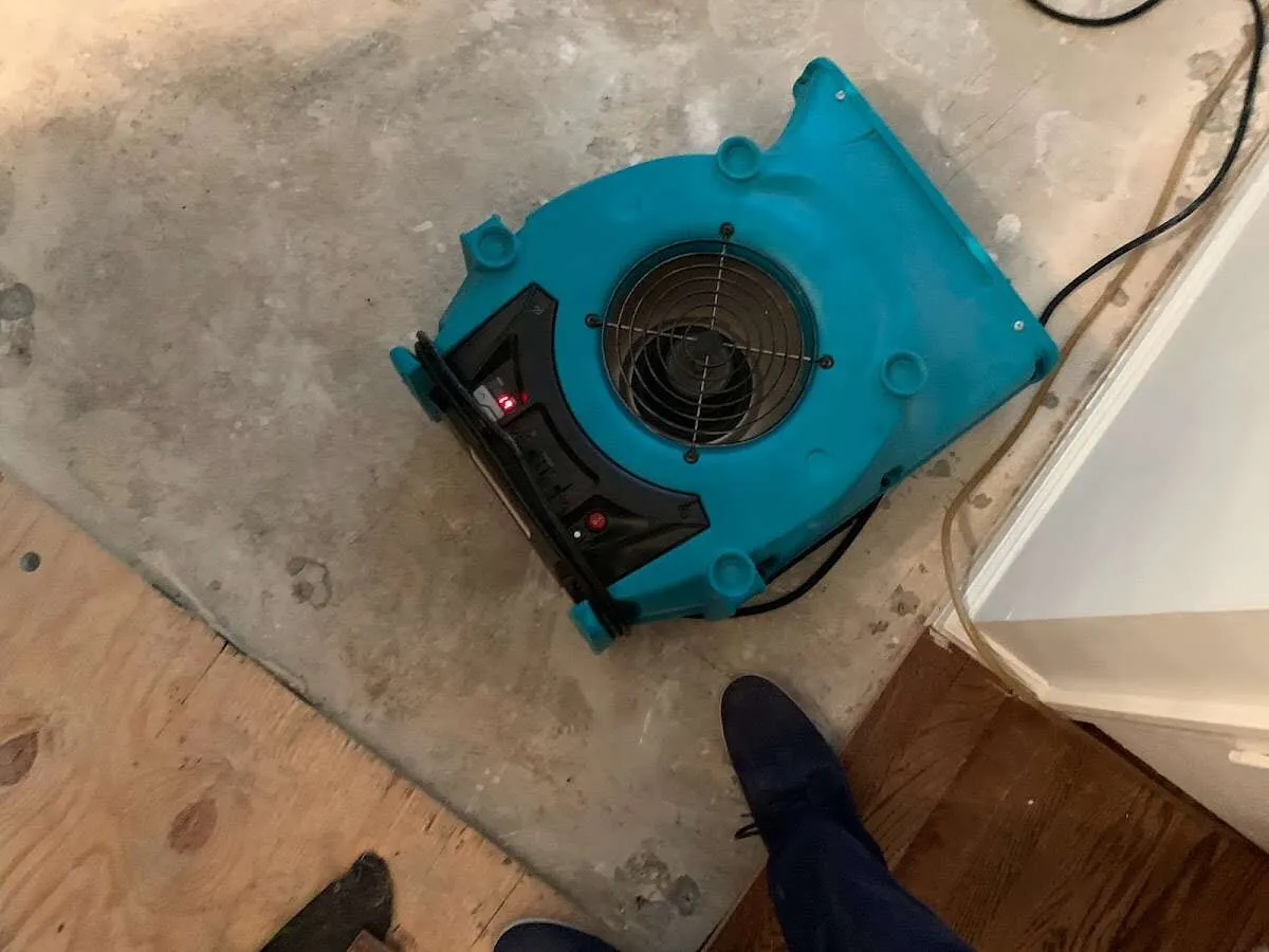 Air mover drying subfloor during Leak Detection & Repair in Essex Junction